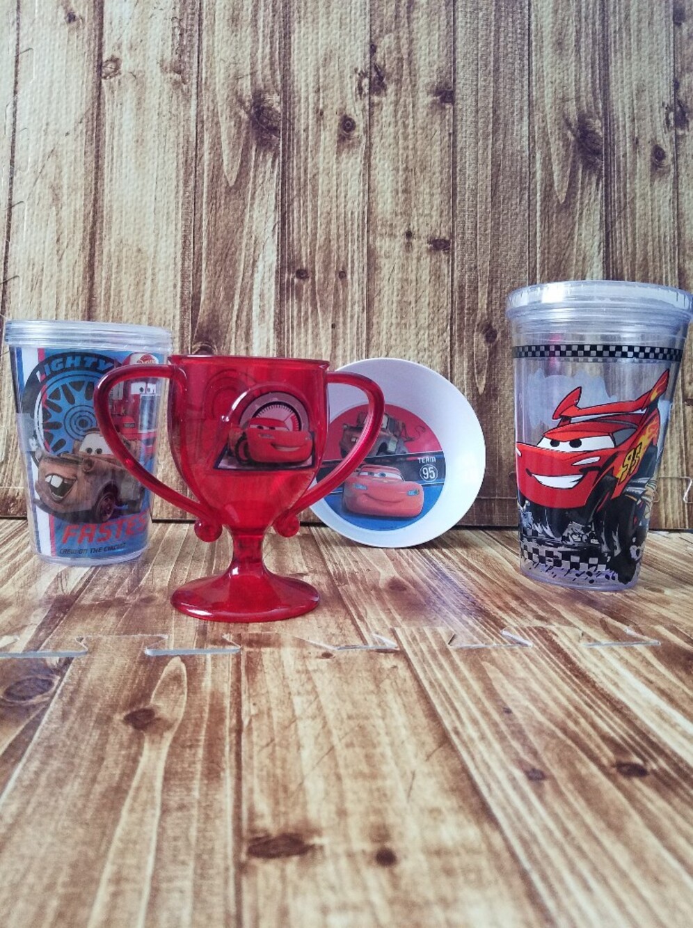 Disney Store Cars Plastic - Piston Cup Trophy, McQueen Tumbler Bowl Set Zak!
